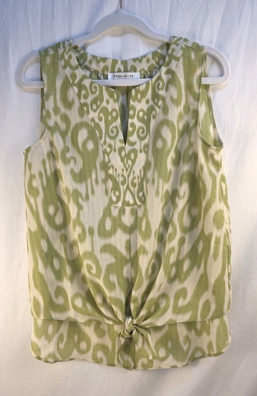 Rose & Olive Women's Small Sleeveless Blouse Green Ivory Sheer Top Front Tie